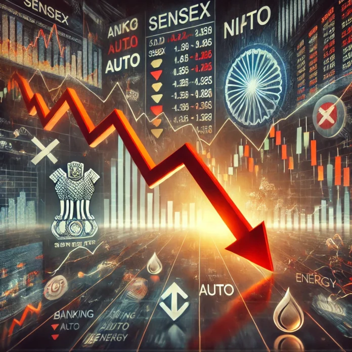 An image representing a significant drop in the Indian stock market, with a downward graph showing sharp declines for Sensex and Nifty.